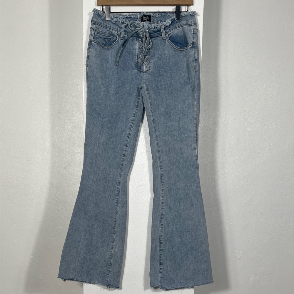 Flare Leg Blue Jeans with Tie Waist